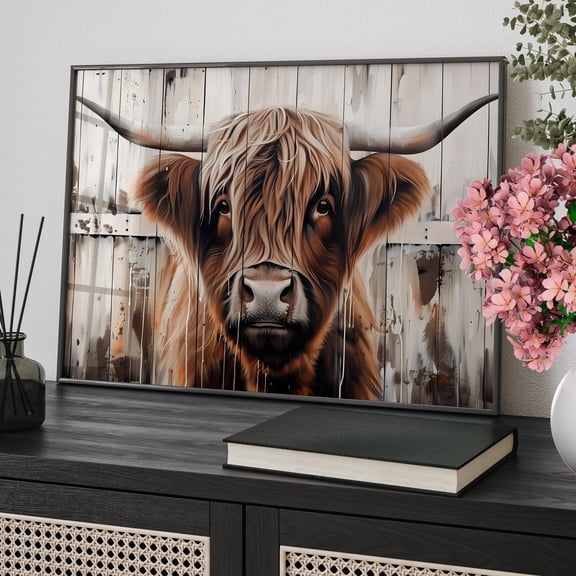 369 Prints Highland Cow Rustic Art Print Modern Farmhouse, Wooden Background Cattle Poster, Country Cottage Cow Wall Decor UNFRAMED, 24x36