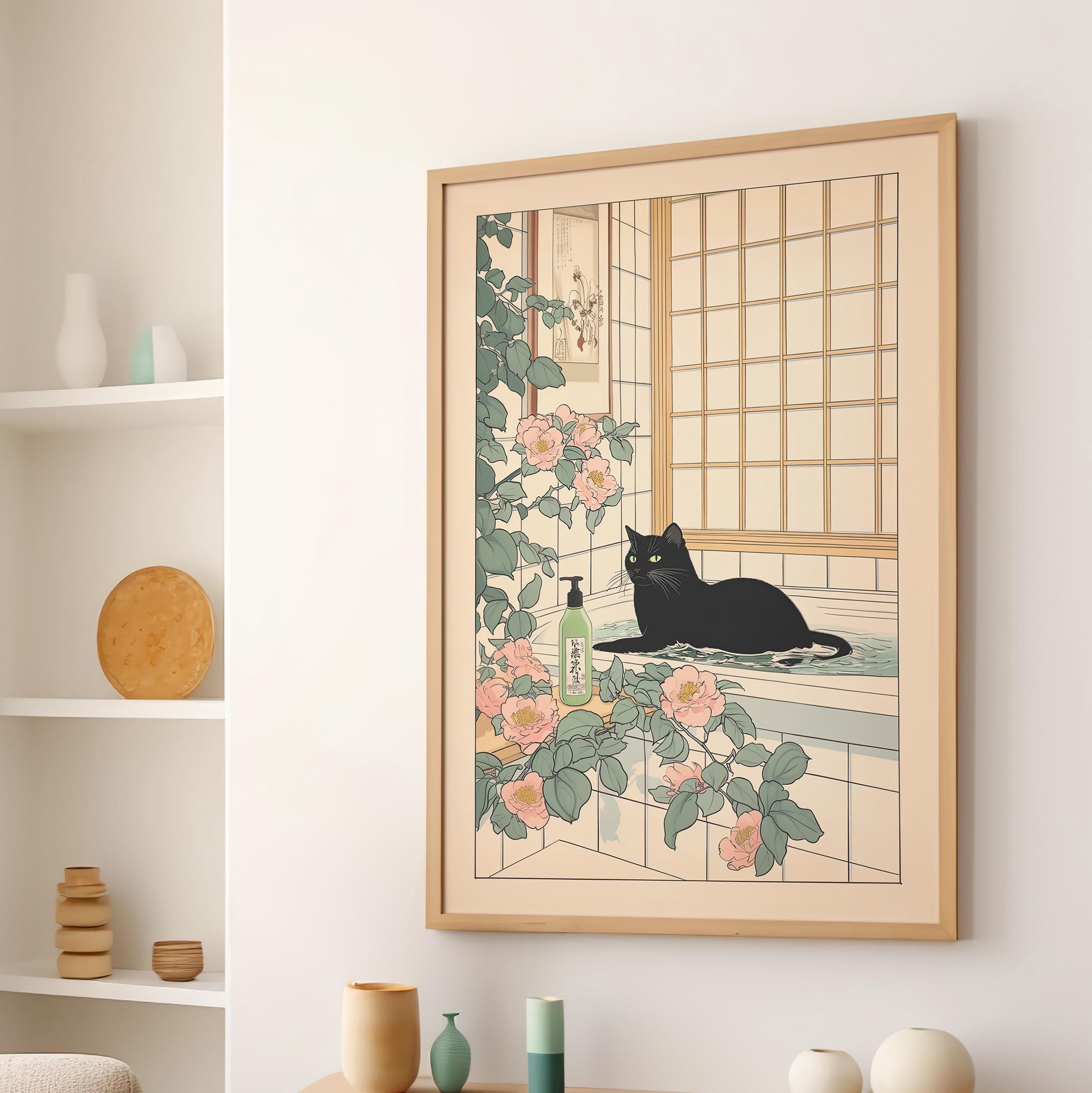 369 Prints Japanese Black Cat Bath Art Print Japandi Bathroom Decor ...
