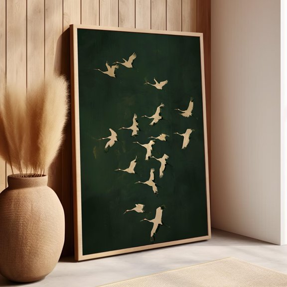 369 Prints Japanese Cranes In Flight Emerald Green Art Print Or Poster, Cranes Japanese Print, Green And Gold Japanese Vintage Bird Wall Art UNFRAMED, 16x24