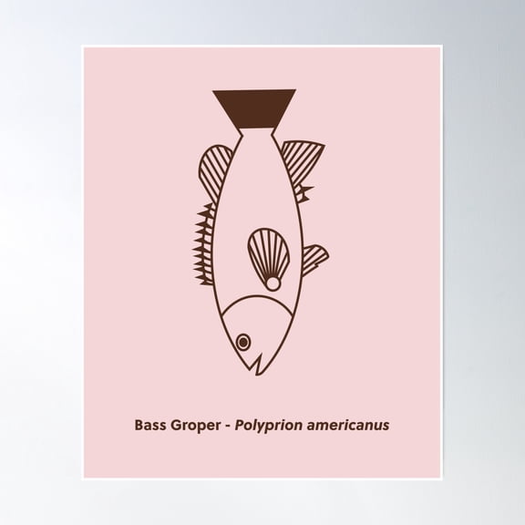 369 Prints Kawaii Bass Groper Fish In Chocolate Brown On Pastel Pink- No Framed, Vintage Wall Art, Trendy Retro Print, Room Decor, Wall Art UNFRAMED, 12x18