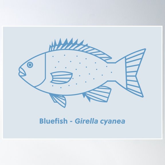 369 Prints Kawaii Bluefish In Vivid Blue On Icy Blue- No Framed, Vintage Wall Art, Trendy Retro Print, Room Decor, Wall Art UNFRAMED, 12x18