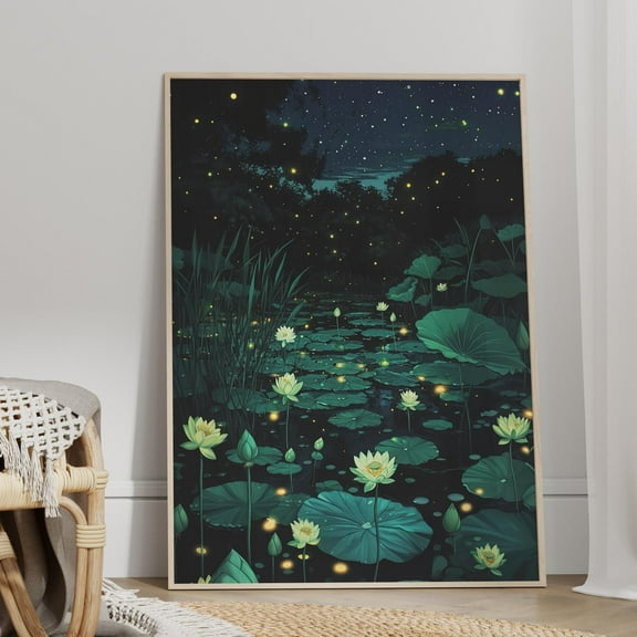 369 Prints Lotus Pond Mystical Night Scene Dark Poster Firefly Lit Pond And Starry Night Sky Print, Whimsical Fairycore Botanical Art UNFRAMED, 12x18