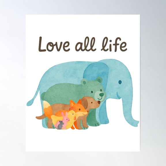369 Prints Love All Life Cute Watercolor Animal Friends- No Framed, Vintage Wall Art, Trendy Retro Print, Room Decor, Wall Art UNFRAMED, 8x12