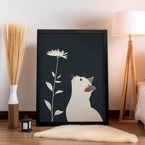 369 Prints Minimalist White Cat And Flower Japanese Style Art Print Whimsical Floral Cat Wall Art, Cat Pet Lover Gift Cat Illustration Blue UNFRAMED, 12x18