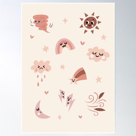 369 Prints Mocha Cute Weather Pattern- No Framed, Vintage Wall Art, Trendy Retro Print, Room Decor, Wall Art, Poster Only