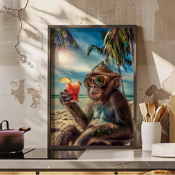369 Prints Monkey On The Beach Poster Print Monkey Cocktail Art Print, Monkey On Vacation Wall Art, Modern Maximalist Animal Monkey Bar Cart UNFRAMED, 8x12