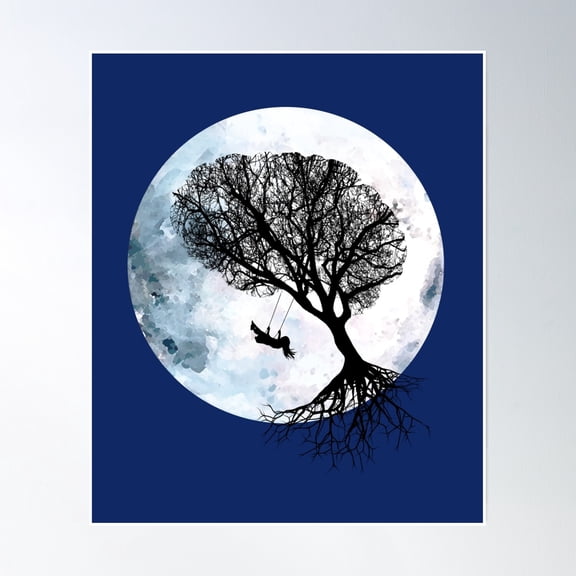 369 Prints Moon, Tree And Young Girl On Swing ,Cute, Space, Night, Aesthetic, Nature- No Framed, Vintage Wall Art, Trendy Retro Print, Room Decor, Wall Art UNFRAMED, 8x12