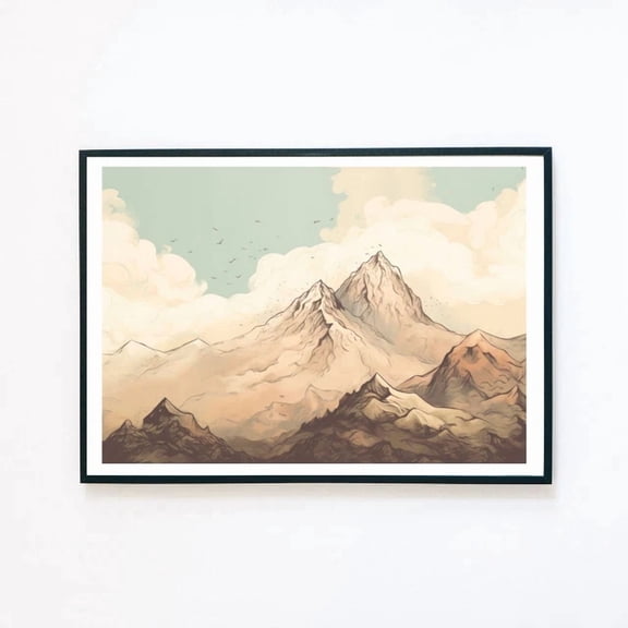 369 Prints Mountains Landscape Sky Clouds Illustration Vintage - No Framed, Vintage Wall Art, Trendy Retro Print, Room Decor, Wall Art UNFRAMED, 16x24