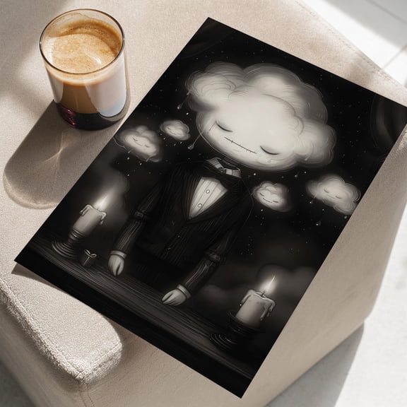 369 Prints Mourning Cloud Creature Dark Wall Decor Poster Sad Cloud Head Gothic Moody Victorian Print, Dark Academia Black And White UNFRAMED, 24x36