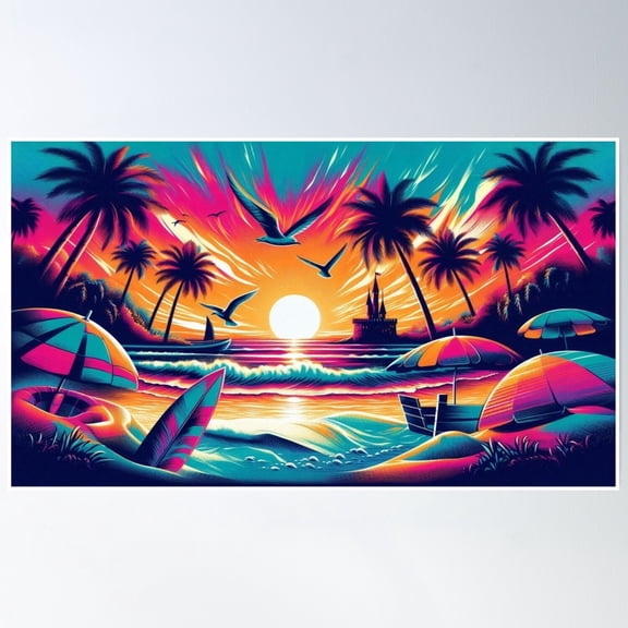 369 Prints Neon Dusk: Retro Waves & Palm Silhouettes- No Framed, Vintage Wall Art, Trendy Retro Print, Room Decor, Wall Art UNFRAMED, 12x18