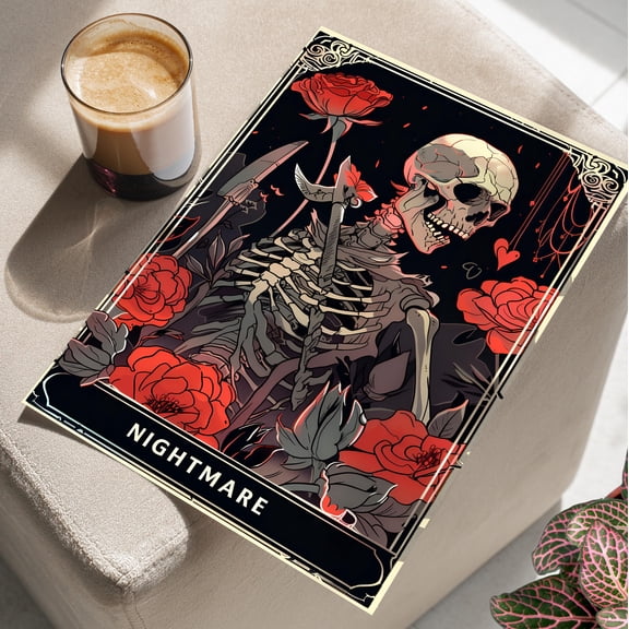 369 Prints Nightmare Tarot Card Red And Black Floral Skeleton Dark Art Print Floral Gothic Botanical Skeleton Whimsigoth Skull Tarot Decor, Poster Only