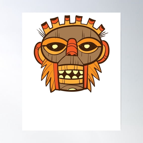 369 Prints Orange Hawaiian Tiki Tribal Cartoon Mask- No Framed, Vintage Wall Art, Trendy Retro Print, Room Decor, Wall Art UNFRAMED, 16x24
