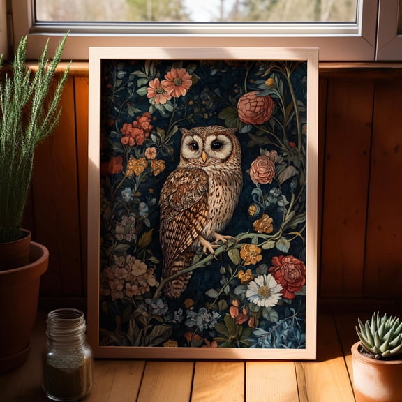 369 Prints Owl Garden Art William Morris Inspired Oil Poster Vintage Owl In The Flower Garden Art, Modern Botanical Bird Art UNFRAMED, 8x12