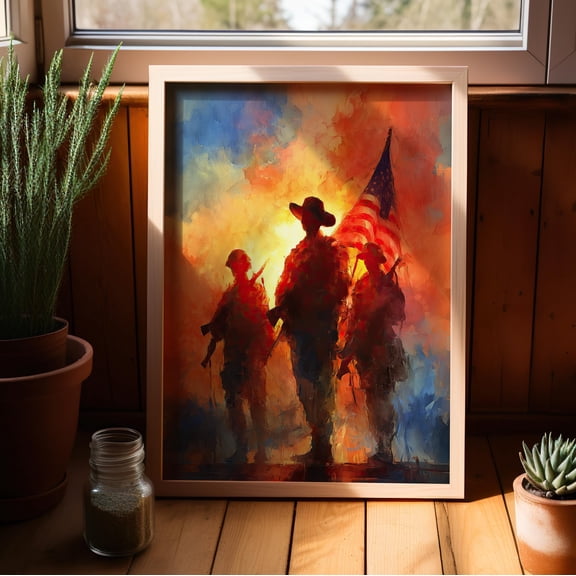 369 Prints Patriotic American Flag Soldiers Silhouette At Sunrise Art Poster Abstract Army, Emotional American Wall Decor UNFRAMED, 24x36