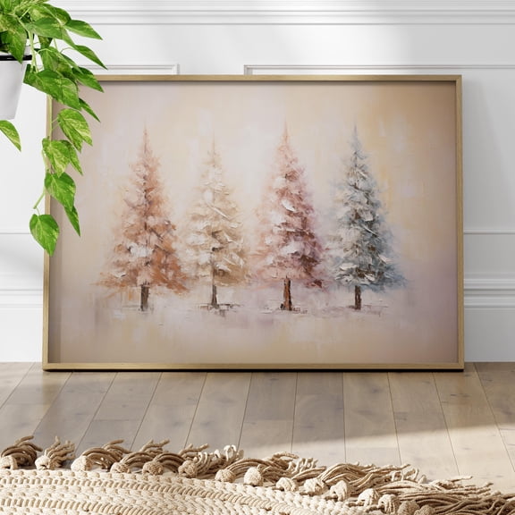 369 Prints Pink Primitive Trees Home Decor Wall Art Print Winter Lodge Countryside Landscape Poster, Rustic Holiday Pine Forest UNFRAMED, 24x36