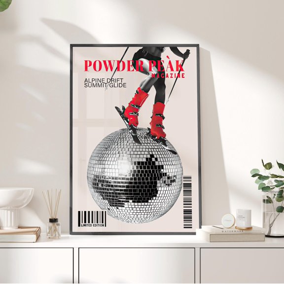 369 Prints Powder Peak Ski Retro Disco Ball Wall Art Poster Winter Skiing Wall Decor, Vintage Print Retro Woman Ski Home Decor UNFRAMED, 8x12