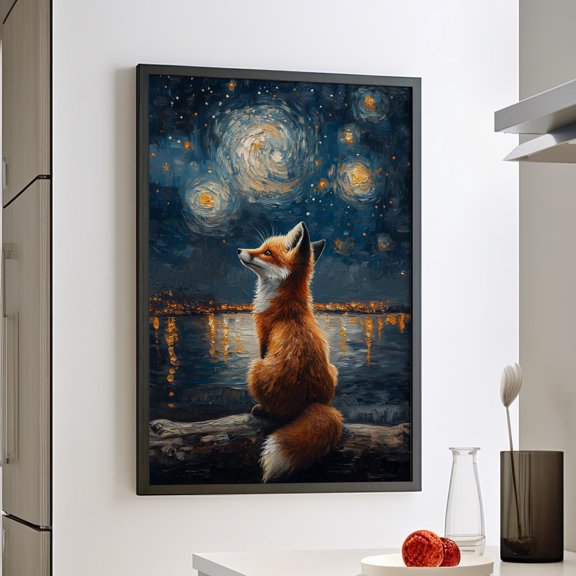 369 Prints Red Fox Portrait Starry Night Sky Inspired Oil Poster Fox Stargazing Abstract Art Wild Animal Kit Art Print UNFRAMED, 12x18