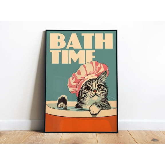369 Prints Retro Bath Time Poster Printable Cat Bathroom Wall Art Quirky Vintage Art Print Kitty Art Print Bathtime Art Bath Print UNFRAMED, 8x12