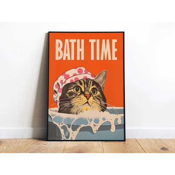 369 Prints Retro Bathroom Art Wall Art Bath Time Print Cat In Tub Art Kid'S Bathroom Wall Decor Orange Blue Art Animal In Bathtub UNFRAMED, 8x12
