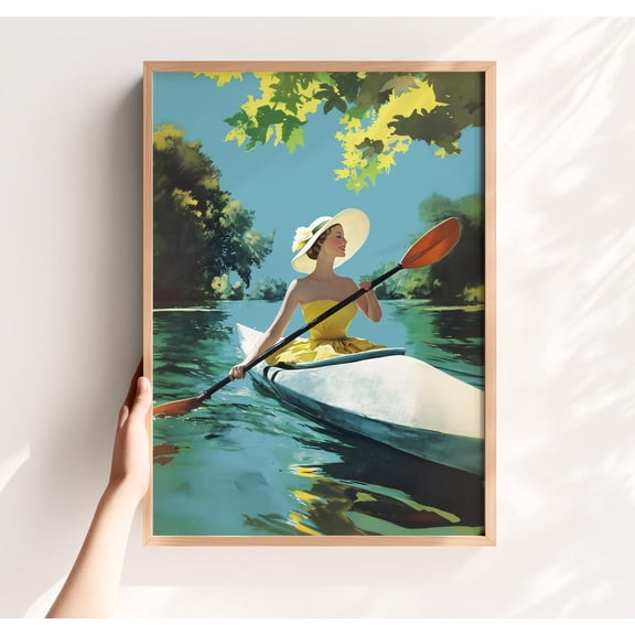369 Prints Retro Kayaking Girl Print – Paddling Wall Art, Vintage Summer River Poster, Outdoor Nature Decor, Canoeing Poster, Printable Kayak Art UNFRAMED, 8x12
