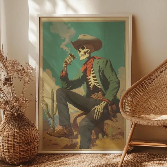 369 Prints Retro Skeleton Cowboy Wall Art Poster Western Gothic Skull Print, Cigar Smoking Cowboy, Southwestern Vintage Desert Decor UNFRAMED, 16x24