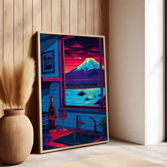 369 Prints Retro Style Kitchen Sink Window Mount Fuji Scene Poster Kitchen Artwork, Mount Fuji Window View, Mountain Scenic View Print UNFRAMED, 12x18