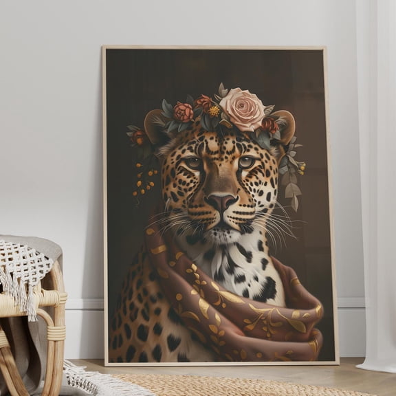 369 Prints Royal Leopard Portrait With Flowers And Silk Vintage Oil Art Print Leopard With Shawl Animal Dark Moody Poster UNFRAMED, 16x24