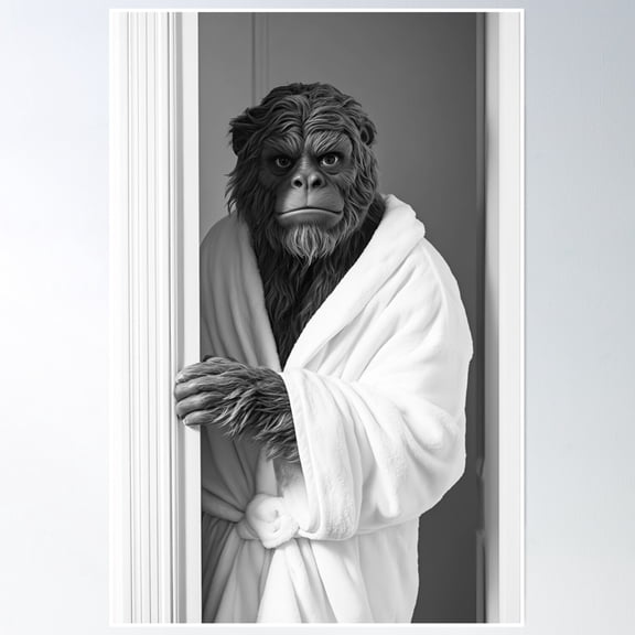 369 Prints Sasquatch Wearing A Bathrobe, Cute Bathroom Animals- No Framed, Vintage Wall Art, Trendy Retro Print, Room Decor, Wall Art UNFRAMED, 12x18