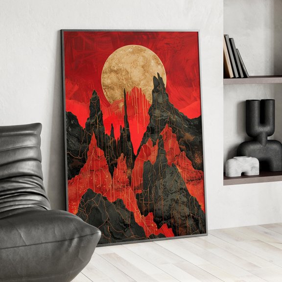 369 Prints Scenic Mountains And Gold Moon Illustration Art Print Abstract Nature Mystical Occult Red And Black Mountain Full Moon Poster UNFRAMED, 16x24