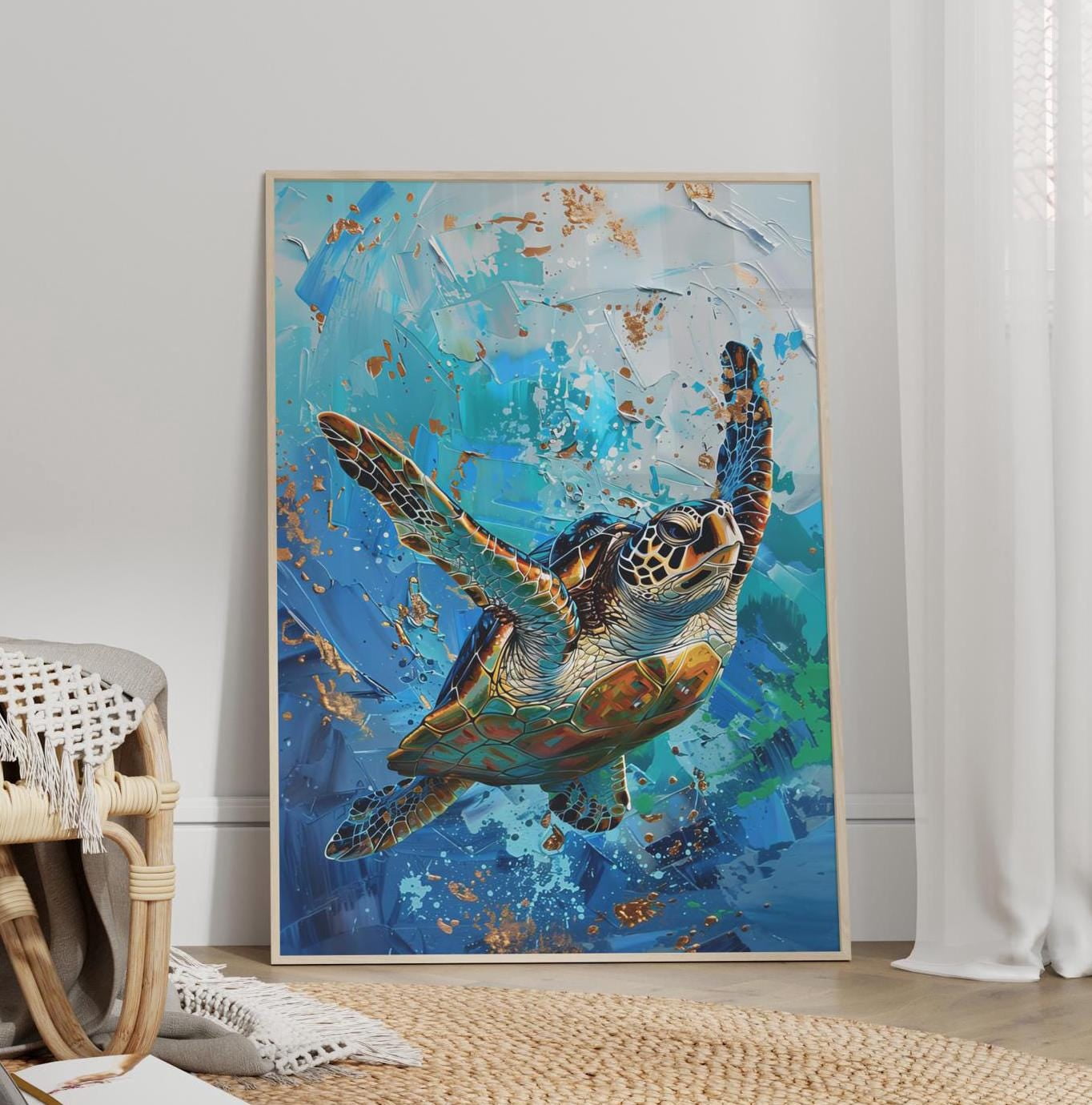 369 Prints Sea Turtle Abstract Poster Sea Turtle In Blue Water, Sea ...