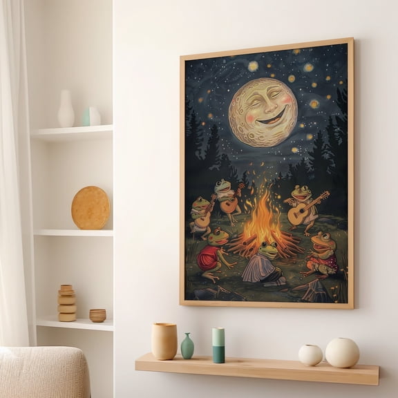 369 Prints Smiling Moon Over Singing Frogs Retro Frog Poster Frogs Campfire Magical Moon Night Art Print, Vintage Whimsical Toads Wall Art UNFRAMED, 8x12
