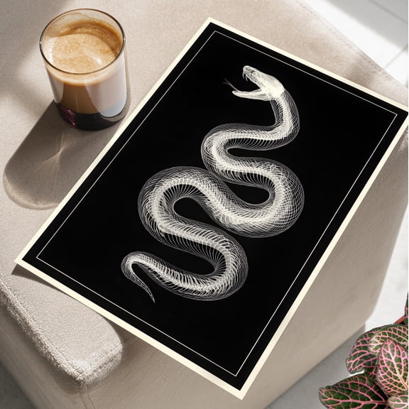 369 Prints Snake Skeleton Art Minimalist Poster White Serpent Bones On Black Print, Taxidermy Style Wall Art, Gothic Oddity Wall Decor UNFRAMED, 12x18