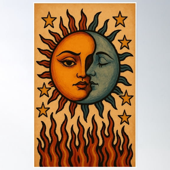 369 Prints Sun & Moon: Eternal Embrace- No Framed, Vintage Wall Art, Trendy Retro Print, Room Decor, Wall Art UNFRAMED, 16x24