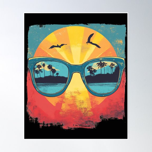 369 Prints Sunglass Sunset Retro Tropical Beach Reflection Design- No Framed, Vintage Wall Art, Trendy Retro Print, Room Decor, Wall Art UNFRAMED, 12x18