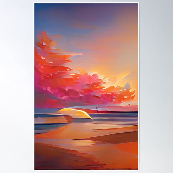 369 Prints Sunset Beach Holiday Sky Cartoon Style Block Colour Graphic Print- No Framed, Vintage Wall Art, Trendy Retro Print, Room Decor, Wall Art UNFRAMED, 8x12