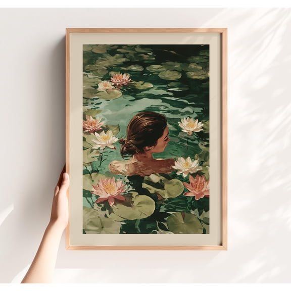 369 Prints Swimming Woman Print – Vintage Lilies Art, Botanical Bathroom Decor, Relaxing Spa Poster, Bathroom Art Print Lake House Decor, Print UNFRAMED, 8x12