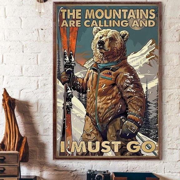 369 Prints The Mountain Are Calling And I Must Go Cute Bear Ski- No Framed, Vintage Wall Art, Trendy Retro Print, Room Decor, Wall Art UNFRAMED, 8x12