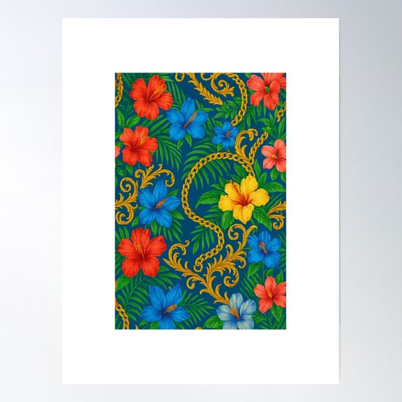 369 Prints Tropical Hibiscus & Golden Chain Pattern- No Framed, Vintage Wall Art, Trendy Retro Print, Room Decor, Wall Art UNFRAMED, 24x36