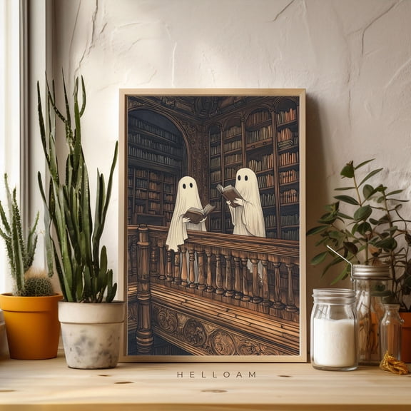 369 Prints Two Cute Ghosts In A Library Print Romantic Dark Academia Spooky Decor Vintage Poster Gothic Reading Ghost Prints Download UNFRAMED, 12x18