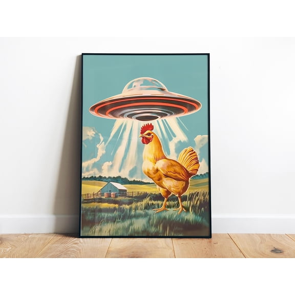 369 Prints Ufo Art Printable Alien Zone Decor Chicken Print Farm Themed Decor Alien Abduction Art Retro Sci Fi Print Flying Saucer Art UNFRAMED, 16x24