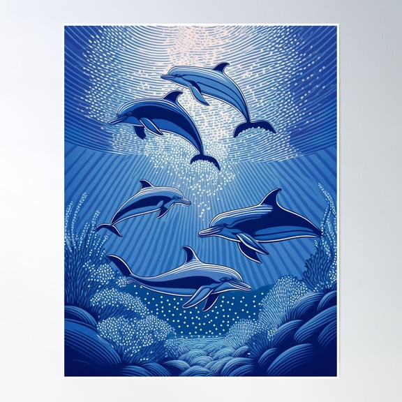 369 Prints Underwater Dolphin Scene Beach Themed Life In Blue Tones For Ocean Lovers- No Framed, Vintage Wall Art, Trendy Retro Print, Room Decor, Wall Art UNFRAMED, 24x36