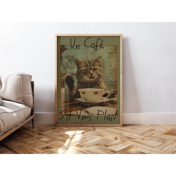 369 Prints Vintage Cat Coffee Print Wall Art For Cat Lover Gift Home Decor Cat Bar Cart Art Print Poster Un Cafe Sil Vous Plait French Coffee Print UNFRAMED, 8x12