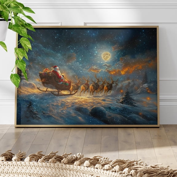 369 Prints Vintage Sleigh And Reindeer Art Poster Starlit Winter Sky, Eve Magic, Moonlit Snow Classic Holiday Wall Art UNFRAMED, 8x12