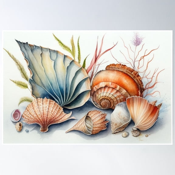 369 Prints Watercolor Shells On The Beach Painting- No Framed, Vintage Wall Art, Trendy Retro Print, Room Decor, Wall Art UNFRAMED, 8x12