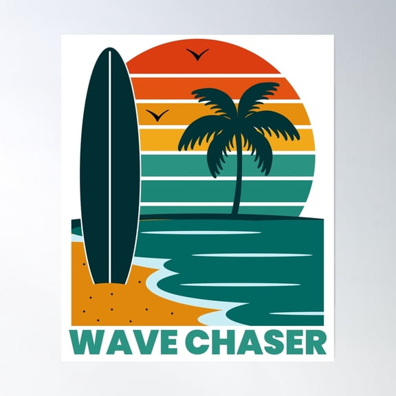 369 Prints Wave Chaser - Retro Sunset Surf Palm Tree Surfboard- No Framed, Vintage Wall Art, Trendy Retro Print, Room Decor, Wall Art UNFRAMED, 8x12