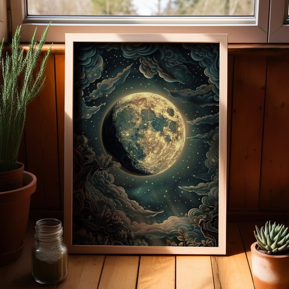 369 Prints Waxing Gibbous Moon Celestial Art Print Poster Vintage Enchanting Moon Goblincore Nature Wall Decor, Mystical Moody Moon Print UNFRAMED, 8x12