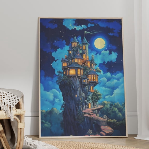 369 Prints Whimsical Castle On Cliff Art Poster Fantasy Wall Art, Dreamy Starry Night Sky Anime Landscape, Enchanting Night Scene Art UNFRAMED, 8x12