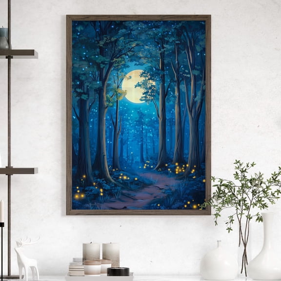 369 Prints Whimsical Moonlit Woodland Dark Blue Wall Art Poster Luminous Fireflies Fantasy Landscape, Magical Night Cottagecore Decor UNFRAMED, 12x18