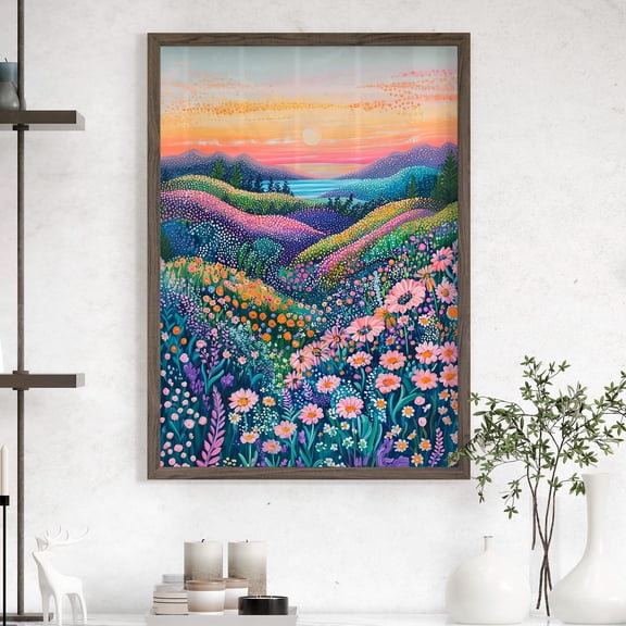 369 Prints Whimsical Sunrise Colorful Landscape Poster Wildflower Hills And Sea View, Colorful Mountain Dreamy Pointillism Wall Art UNFRAMED, 16x24