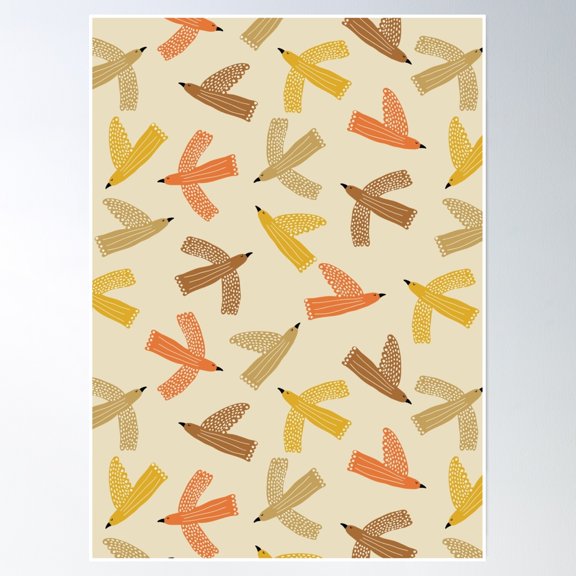 369 Prints Whimsy Flying Birds In Earth Tones- No Framed, Vintage Wall Art, Trendy Retro Print, Room Decor, Wall Art UNFRAMED, 16x24